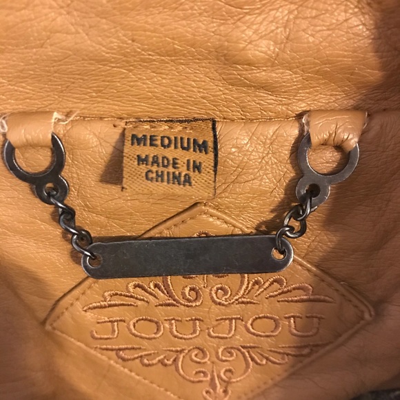 Camel Vegan Leather Jacket Ruffle Neck - Picture 3 of 8